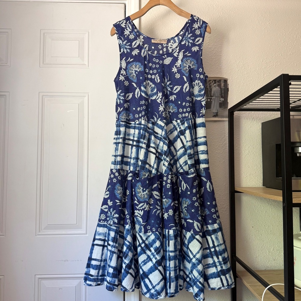 DRESS ADDICT blue white cotton floral tropical plaid tiered patchwork midi dress